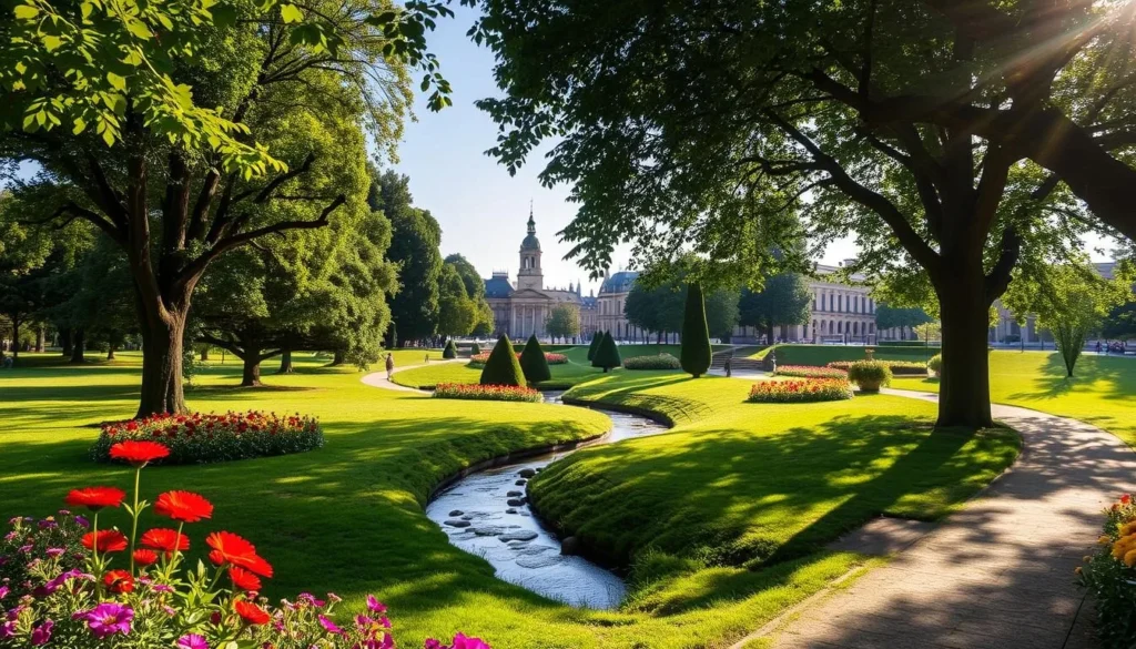 A picturesque scene of Kings' Park, a serene oasis in the heart of Szekesfehervár, Hungary. Capture the tranquil atmosphere with lush greenery, manicured gardens, and a winding path leading through the landscape. Sunlight filters through the canopy of trees, casting a warm glow on the scene. In the foreground, vibrant flowers bloom, inviting visitors to pause and appreciate the natural beauty. The middle ground features a meandering stream, its gentle flow adding a soothing soundtrack to the serene setting. In the background, historic architecture and monuments stand as testament to the city's rich heritage, creating a harmonious blend of nature and culture. This idyllic scene offers a peaceful respite, perfect for a breath of fresh air amidst the bustling urban landscape.