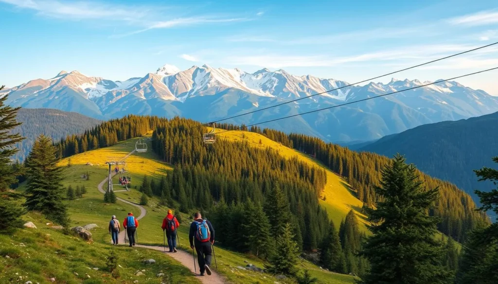 A picturesque scene of Pirin National Park, Bulgaria, showcasing the diverse modes of transportation. In the foreground, a group of hikers traverse a winding mountain trail, backpacks in tow. In the middle ground, a modern chairlift ascends the lush, forested slopes, transporting visitors to higher elevations. In the background, snow-capped peaks rise majestically, bathed in warm, golden light. The scene conveys the park's accessibility, with a mix of hiking trails, chairlifts, and other infrastructure seamlessly integrated into the breathtaking natural landscape. Crisp, detailed, and realistic, capturing the essence of the "How to Get Around" experience in Pirin National Park.