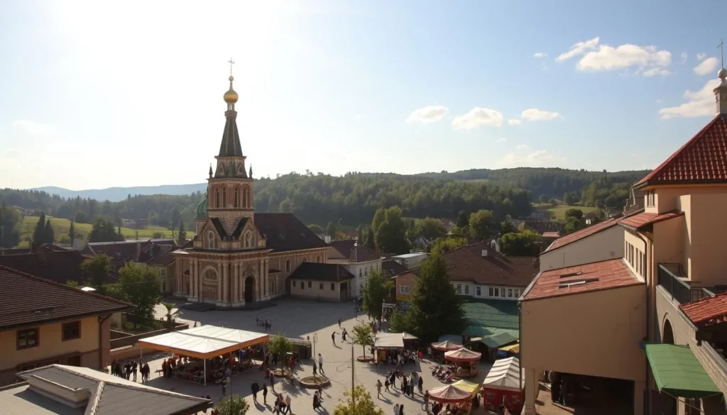 A picturesque scene of Pitesti's cultural heritage unfolding before a bright, sun-dappled sky. In the foreground, a historic Orthodox church stands tall, its ornate spires and vibrant frescoed walls commanding attention. The middle ground features a lively town square, bustling with locals and visitors exploring the local shops, cafes, and artisanal stalls. In the background, rolling hills and verdant trees create a serene, natural backdrop, seamlessly blending the town's built and natural environments. The warm, golden light filters through, casting a serene, timeless atmosphere over the entire scene, capturing the essence of Pitesti's rich cultural tapestry.