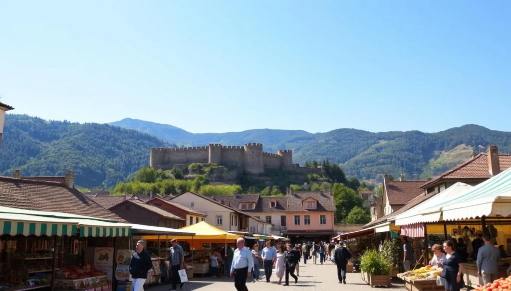 A picturesque scene of Shumen, Bulgaria's historic city center, captured on a sunny day. In the foreground, a bustling market square with locals and visitors browsing colorful stalls selling fresh produce, handcrafted goods, and traditional Bulgarian delicacies. The middle ground features the impressive Shumen Fortress, its towering walls and turrets silhouetted against a clear blue sky. In the background, the rolling green hills and lush forests that surround the city create a breathtaking natural backdrop. Warm, diffused lighting casts a golden glow over the entire scene, evoking a sense of warmth and vibrancy. The image conveys the rich cultural heritage, vibrant atmosphere, and picturesque setting that make Shumen a captivating destination.