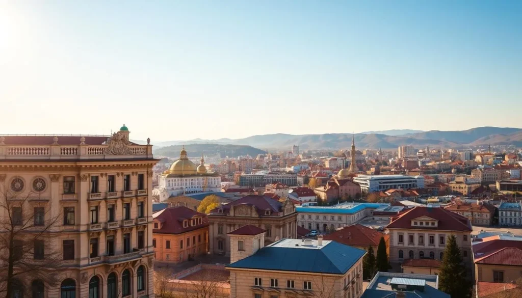 A picturesque scene of Stara Zagora's historic architecture bathed in warm, golden sunlight. In the foreground, a graceful neoclassical building with intricate facades and ornate details stands tall, inviting exploration. The middle ground showcases a mix of traditional Bulgarian structures and modern, harmoniously blended structures, creating a vibrant, dynamic cityscape. In the background, rolling hills and a clear, azure sky frame the scene, evoking a sense of timeless charm and a thriving, modern urban environment. The overall atmosphere is one of tranquility, history, and a captivating blend of the old and the new.