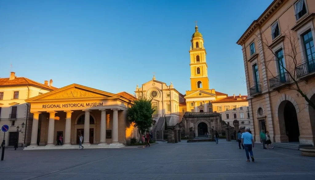 A picturesque scene of Stara Zagora's museums, set against a backdrop of historic buildings and a clear blue sky. In the foreground, the entrance to the Regional Historical Museum stands tall, its neoclassical architecture bathed in warm, golden light. In the middle ground, visitors stroll through the museum's serene courtyard, admiring the well-preserved Roman ruins. The background features the distinctive bell tower of the Assumption of the Virgin Church, a prominent landmark in the city's skyline. The overall atmosphere conveys a sense of cultural richness and invites the viewer to explore the city's rich heritage.