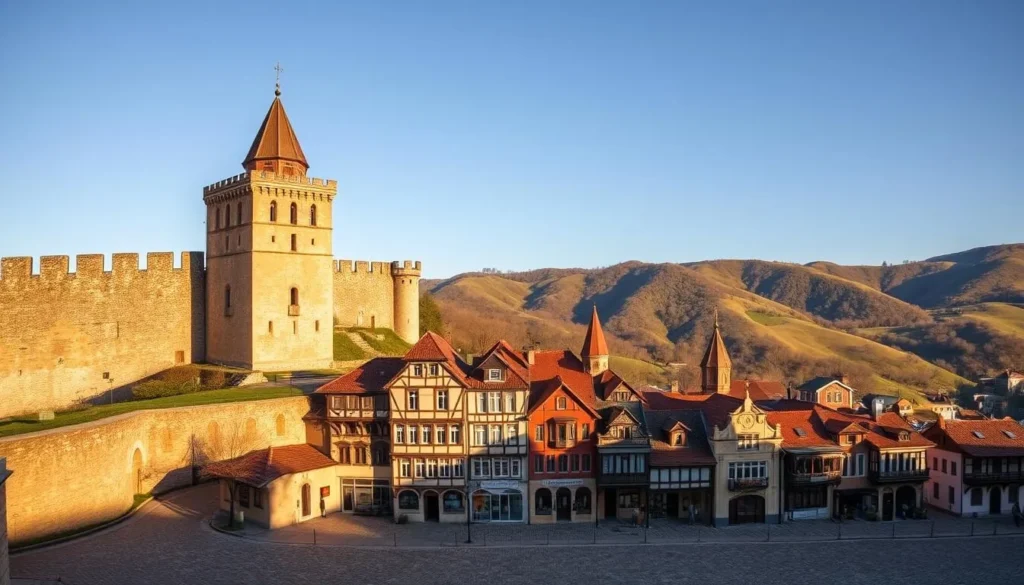 A picturesque scene of Veliko Tarnovo's museums, captured on a bright, sunny day. In the foreground, the iconic medieval Tsarevets Fortress looms, its ancient stone walls and towers casting long shadows across the cobblestone streets below. In the middle ground, a cluster of traditional Bulgarian Revival-style buildings house several renowned museums, their colorful facades and ornate architectural details inviting exploration. The background features the lush, rolling hills that surround the historic city, providing a serene and picturesque setting. The image is bathed in warm, golden light, conveying a sense of timeless charm and cultural richness that embodies the spirit of Veliko Tarnovo's museum scene.