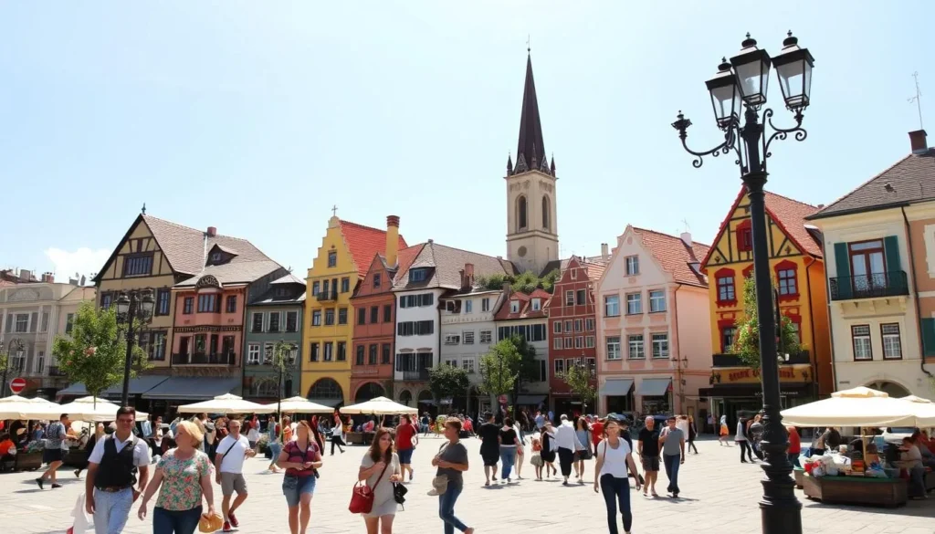 A picturesque scene of a bustling town square in Hódmezővásárhely, Hungary on a sunny day. In the foreground, people stroll leisurely, enjoying the lively atmosphere and charming architecture. The middle ground features the town's historic buildings, with their colorful facades and ornate details. In the background, a towering church spire stands tall, casting a warm glow over the scene. The lighting is soft and natural, accentuating the vibrant colors and creating a welcoming, inviting ambiance. The perspective is slightly elevated, allowing the viewer to take in the full scope of the vibrant, walkable town center. A picturesque scene of a bustling town square in Hódmezővásárhely, Hungary on a sunny day. In the foreground, people stroll leisurely, enjoying the lively atmosphere and charming architecture. The middle ground features the town's historic buildings, with their colorful facades and ornate details. In the background, a towering church spire stands tall, casting a warm glow over the scene. The lighting is soft and natural, accentuating the vibrant colors and creating a welcoming, inviting ambiance. The perspective is slightly elevated, allowing the viewer to take in the full scope of the vibrant, walkable town center.