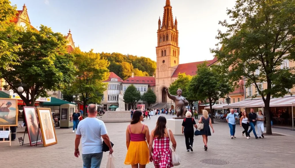 A picturesque scene of a charming European city, Kaposvár, Hungary. In the foreground, a group of people leisurely strolling through a vibrant town square, admiring the local artwork and sculptures on display. In the middle ground, a historic church tower rises majestically, its intricate architecture bathed in warm, golden sunlight. The background showcases the city's lush, tree-lined streets, with colorful buildings and quaint cafes lining the cobblestone pathways. The atmosphere is one of tranquility and cultural appreciation, inviting the viewer to immerse themselves in the city's rich artistic heritage.