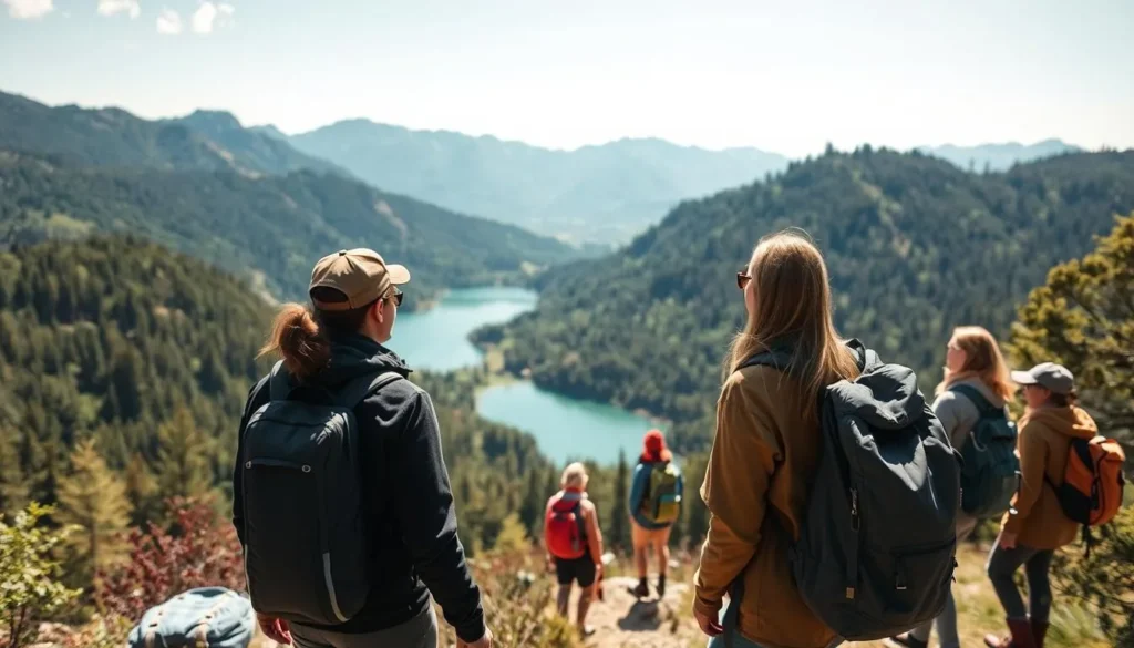 A picturesque scene of a guided tour in the stunning Rila National Park, Bulgaria. Capture the lush green forests, towering mountain peaks, and crystal-clear lakes in the background. In the foreground, depict a small group of hikers led by an experienced guide, exploring the natural wonders of the region. Use warm, natural lighting to create a serene and inviting atmosphere. Employ a wide-angle lens to showcase the grandeur of the landscape and the intimacy of the tour experience. Convey a sense of adventure, discovery, and appreciation for the natural beauty of this remarkable destination.