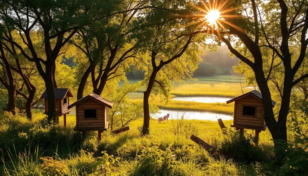 A picturesque scene of birdwatching hides nestled within a lush, verdant landscape. Wooden structures with strategically placed windows and camouflaged exteriors blend seamlessly with the surrounding foliage. The warm, golden light of a sun-dappled afternoon filters through the trees, casting a tranquil glow over the serene setting. In the distance, a tranquil fishpond reflects the natural beauty, beckoning wildlife to come close. A sense of peaceful observation and immersion in the natural world permeates the scene.