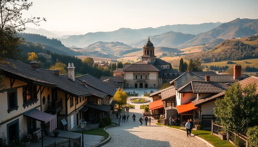 A picturesque scene of historical and cultural significance in the Central Balkan region of Bulgaria. In the foreground, a charming traditional Bulgarian village with colorful houses, cobblestone streets, and locals going about their daily lives. In the middle ground, a majestic medieval monastery with ornate architecture and a tranquil courtyard. In the background, rolling hills dotted with lush greenery and the distant peaks of the Balkan Mountains, bathed in warm, golden sunlight. The overall atmosphere is one of timeless beauty, cultural heritage, and a peaceful, serene ambiance.