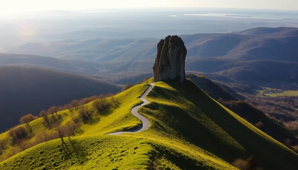 A picturesque scene of the iconic Hegyestű, a striking geological formation overlooking the Tapolca Basin in the Balaton-Uplands National Park, Hungary. The sun's warm glow illuminates the dramatic limestone cliffs, casting long shadows across the lush green hills in the foreground. In the middle ground, a winding path leads visitors towards the towering rock spire, inviting exploration. In the background, the undulating landscape stretches out, dotted with dense forest and the distant blue hues of the Balaton lake. A serene, peaceful atmosphere pervades the scene, capturing the essence of this natural wonder.