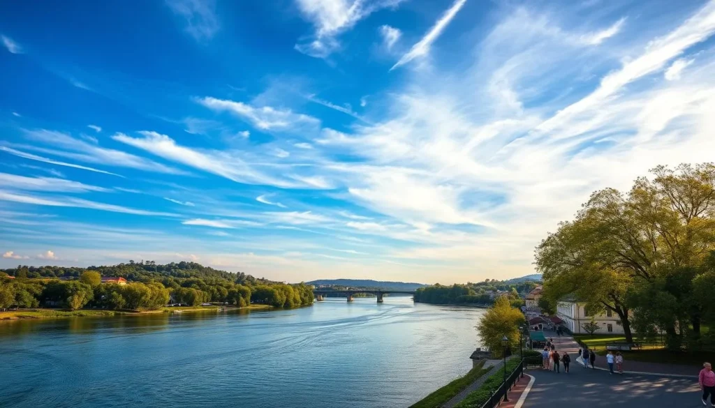 A picturesque scene of the majestic Danube River flowing through the heart of Érd, Hungary. Capture the serene waters reflecting the vibrant blue sky, dotted with wispy clouds. Showcase the lush, verdant banks lined with towering trees, their branches swaying gently in the warm breeze. In the foreground, include a quaint riverside promenade, with people leisurely strolling, soaking in the peaceful atmosphere. Utilize a soft, natural lighting that casts a warm, golden glow over the entire scene, evoking a sense of tranquility and charm. Compose the image with a wide, sweeping perspective to showcase the river's grandeur and the picturesque town nestled along its banks.