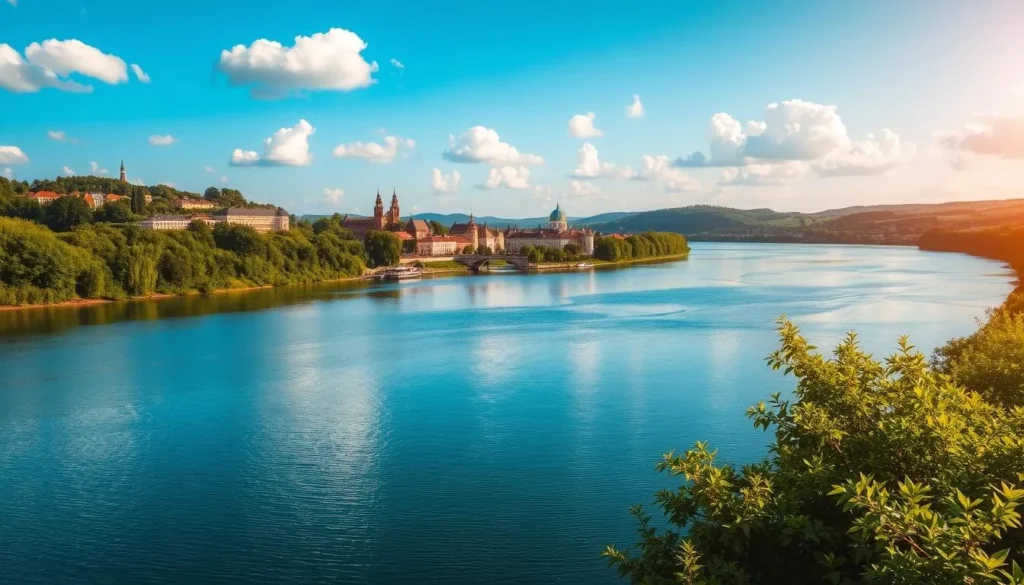 A picturesque scene of the serene Tisza River flowing through the heart of Szolnok, Hungary. The river banks are lined with lush greenery, creating a tranquil and inviting atmosphere. In the foreground, the calm waters reflect the clear blue sky and fluffy white clouds above. The middle ground features historic buildings and landmarks that stand as a testament to the city's rich heritage. In the distance, the river winds its way through rolling hills, creating a harmonious landscape. The scene is bathed in warm, golden light, casting a soft glow over the entire composition. Capture the essence of Szolnok's natural beauty and the gentle pace of life along the Tisza River.