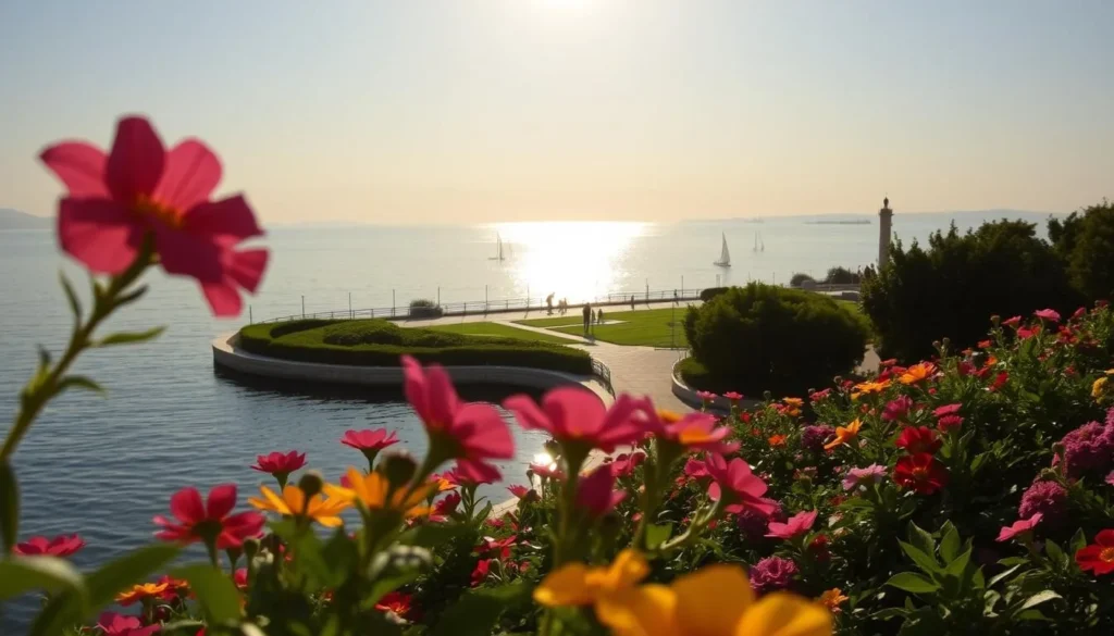 A picturesque sea garden in Burgas, Bulgaria, with vibrant flowers and lush greenery lining the coastline. The scene is bathed in warm, golden sunlight, casting a soft glow over the tranquil waters. In the foreground, colorful blooms sway gently in the sea breeze, their petals reflecting in the calm surface. The middle ground features a well-maintained promenade, inviting visitors to stroll and admire the natural beauty. In the background, the horizon is dotted with the silhouettes of sailboats and distant coastal structures, creating a serene and inviting atmosphere. The overall mood is one of tranquility, harmony, and appreciation for the natural wonders of Burgas.