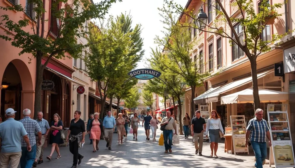 A picturesque street scene in Pazardzhik, Bulgaria on a sunny day. Capture the bustling activity of locals and visitors alike, strolling along the sidewalks and browsing the charming shops and cafes. Use a wide-angle lens to showcase the historic architecture framing the scene, with warm sunlight filtering through the trees lining the street. Convey a sense of tranquility and enjoyment, as if the viewer is experiencing the rhythms of daily life in this quaint Bulgarian town. Focus on the human elements to create an inviting, atmospheric image that showcases the timeless appeal of Pazardzhik.