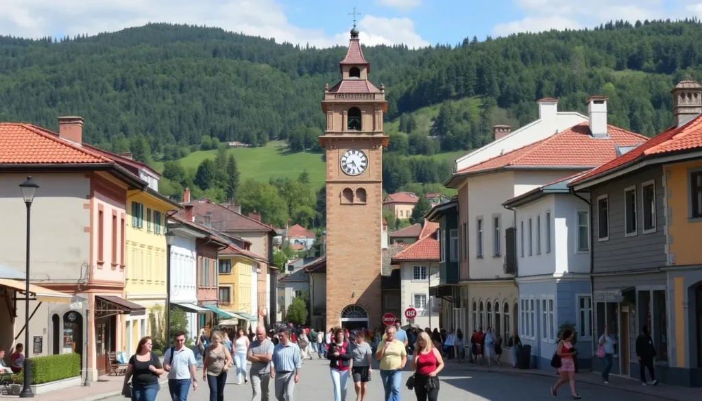 A picturesque town nestled in the lush Bulgarian countryside, Gabrovo is a charming destination waiting to be explored. The prompt depicts a sunny day in the city center, with cobblestone streets and historic buildings lining the sidewalks. In the foreground, a group of locals and tourists stroll leisurely, taking in the vibrant atmosphere. The middle ground showcases the iconic Clock Tower, its intricate design a testament to the town's rich heritage. In the background, the rolling hills and verdant forests provide a breathtaking natural backdrop, inviting visitors to venture beyond the city limits. The overall scene conveys a sense of quaint tranquility, perfect for those seeking an authentic Bulgarian experience.