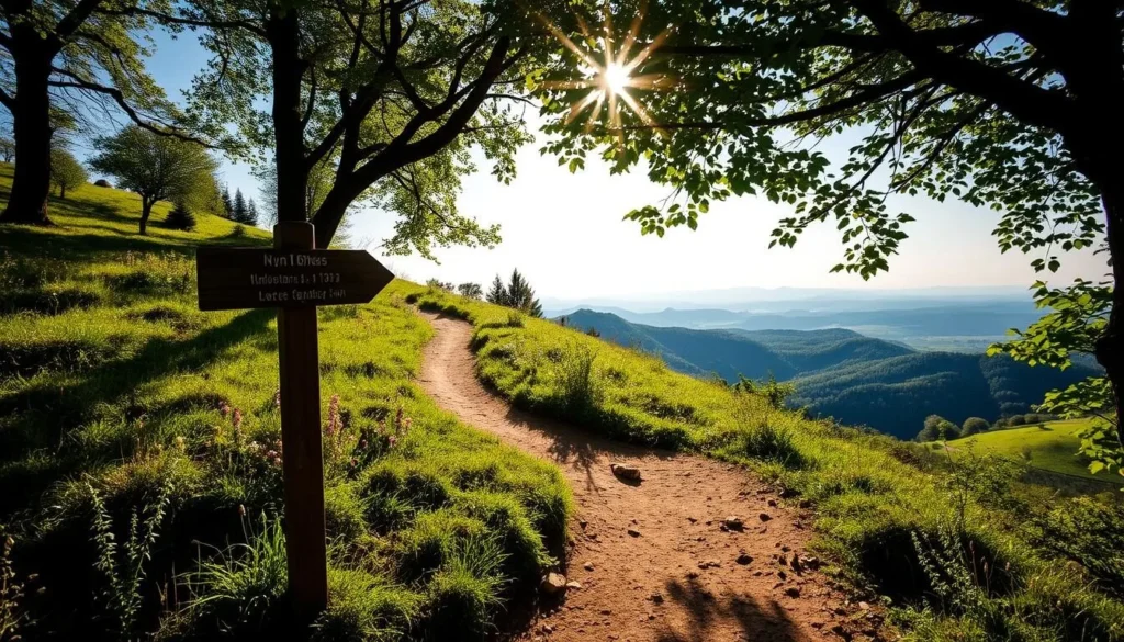 A picturesque trail winding through the verdant Balaton-Uplands National Park, Hungary. Sunlight filters through the lush canopy, casting a warm glow on the well-maintained path. In the foreground, a wooden signpost stands as a trusty guide, pointing the way for hikers and nature enthusiasts. The middle ground features rolling hills, dotted with wildflowers and occasional clusters of trees. The background showcases the park's stunning vistas, with distant peaks and expansive skies. Capture the serene and inviting atmosphere of this natural wonder, encouraging visitors to explore and discover the beauty of this remarkable landscape.