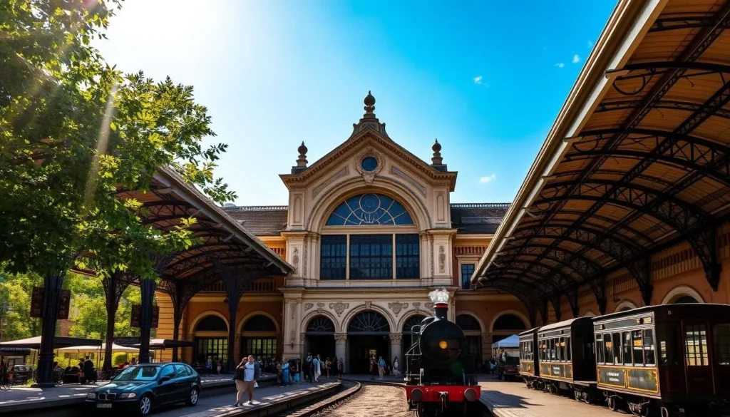 A picturesque train station in Miskolc, Hungary on a bright, sunny day. The grand, neo-Renaissance facade with its ornate details and arched entryways stands tall, framed by lush greenery and a clear blue sky. Sunlight filters through the large windows, illuminating the bustling interior where passengers hurry to catch their trains. Intricate wrought-iron canopies shelter the platforms, and a vintage steam locomotive waits patiently to depart. The station's elegant design and timeless charm create a welcoming atmosphere, perfect for beginning an exploration of this historic Hungarian city.