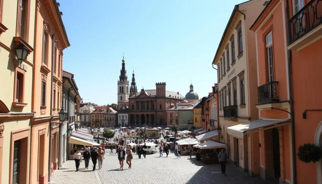 A picturesque view of Craiova, Romania, on a sun-dappled day. In the foreground, an intimate cobblestone street flanked by charming buildings with ornate facades, their warm hues glowing under the soft, natural lighting. In the middle ground, a bustling town square, with locals and visitors strolling by or gathered at outdoor cafes, immersed in the vibrant atmosphere. Framing the scene, the distinctive silhouettes of historic landmarks, their spires and domes standing tall against a clear, azure sky. Convey a sense of timeless elegance and inviting, lively energy that captures the essence of Craiova - a must-visit destination.