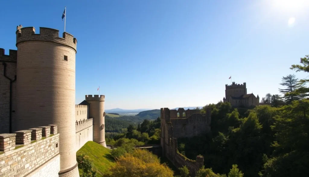 A picturesque view of towering castles nestled amidst rolling hills and lush forests, basking in the warm glow of the sun. In the foreground, the weathered walls and turrets of a restored medieval fortress stand proudly, inviting visitors to explore its historic charm. The middle ground reveals the crumbling ruins of an ancient castle, its moss-covered stones blending seamlessly with the verdant landscape. Beyond, a distant hilltop is crowned by the majestic silhouette of another stately castle, its grand architecture silhouetted against a cloudless azure sky. The scene exudes an air of tranquility and timelessness, evoking a sense of wonder and the allure of exploring these captivating relics of the past.