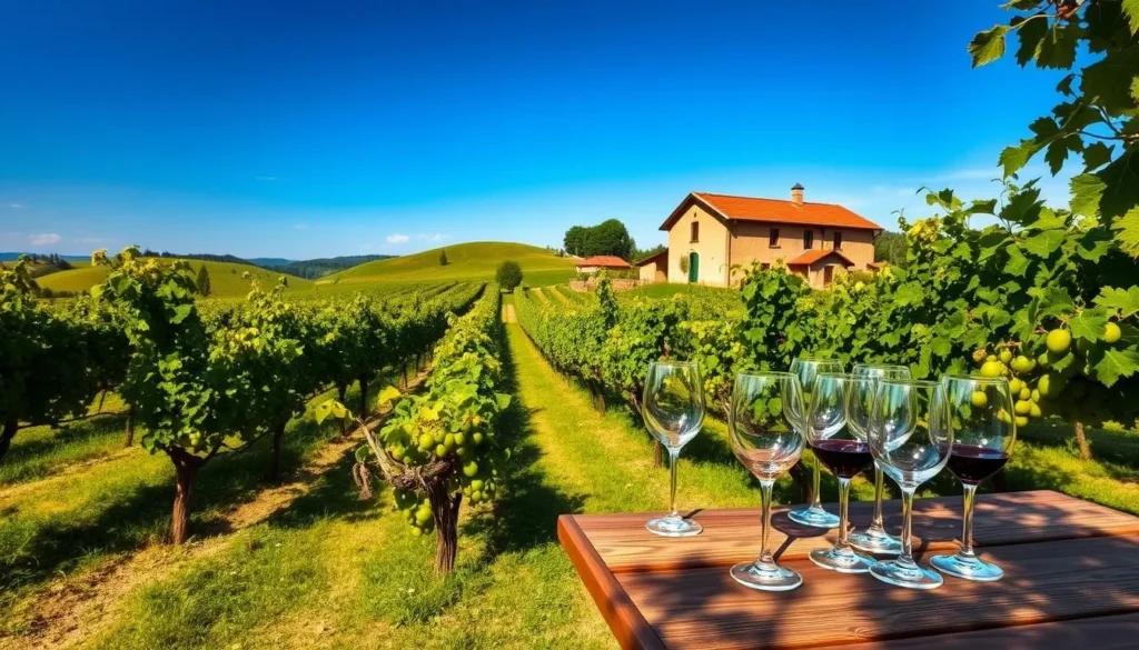 A picturesque vineyard in the Dobrogea region of Romania, nestled amidst rolling hills and a clear blue sky. The sun casts a warm glow, illuminating rows of lush, verdant vines laden with plump, juicy grapes. In the foreground, a wooden table is set with an array of wine glasses, inviting visitors to savor the rich, complex flavors of the local terroir. The background features a traditional Romanian winery, its rustic charm complementing the serene, pastoral scene. A sense of tranquility and appreciation for the land pervades the image, capturing the essence of a Dobrogea terroir tasting experience.