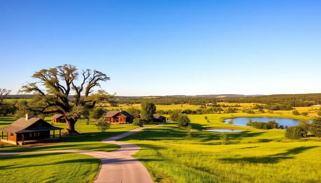 A picturesque vista of Route 66 State Park, where the historic highway winds through lush green meadows dotted with towering oak trees. In the foreground, a paved path leads visitors past rustic cabins and a tranquil lake, its surface reflecting the clear blue sky above. The middle ground features a cluster of well-preserved historic structures, their weathered wooden facades and stone chimneys evoking the park's rich past. In the background, rolling hills and distant forests create a serene and inviting landscape, bathed in the warm, golden light of a perfect summer day. The overall scene conveys a sense of timeless charm and the enduring spirit of Route 66.