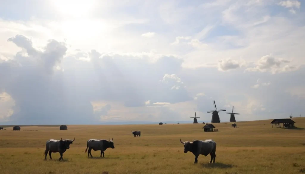 A picturesque vista of the Hortobágy National Park's vast, undulating puszta (steppe) grasslands under a bright, sun-dappled sky. In the foreground, a small herd of hardy grey cattle graze peacefully, their distinctive curved horns silhouetted against the horizon. Billowing clouds cast shifting shadows across the rolling landscape, where traditional shepherd's huts and windmills dot the expansive, treeless plain. The scene conveys a sense of timeless tranquility and the enduring pastoral way of life that has defined this UNESCO World Heritage site for centuries.
