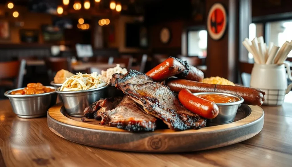 A plate of authentic Texas barbecue with sides at a popular Texarkana restaurant
