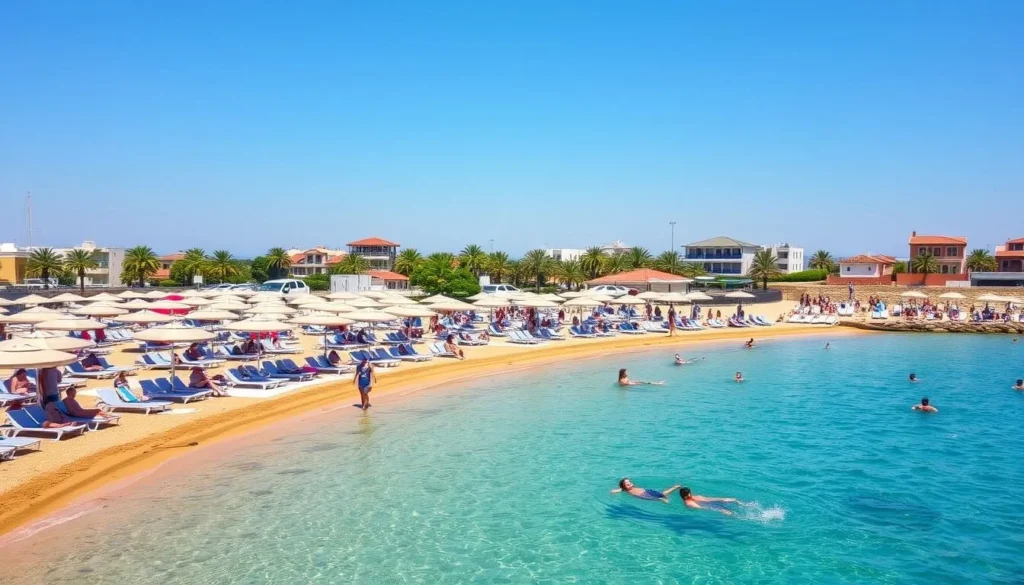 A popular beach club in Batroun with loungers, umbrellas and clear Mediterranean waters