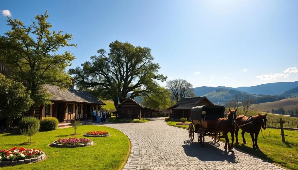 A quaint Bukovina village museum nestled amidst lush greenery, with traditional timber-framed houses and thatched roofs. In the foreground, a horse-drawn carriage transports visitors back in time, while villagers in period costumes go about their daily chores. The middle ground features a well-maintained cobblestone path leading to the museum's entrance, flanked by blooming flower beds and ancient oak trees. In the background, rolling hills and a cloudless azure sky create a serene, picturesque setting, bathed in warm, golden sunlight filtering through the canopy. This scene evokes a sense of timeless charm and rural tranquility, inviting the viewer to step into the centuries-old traditions of Bukovina's past.