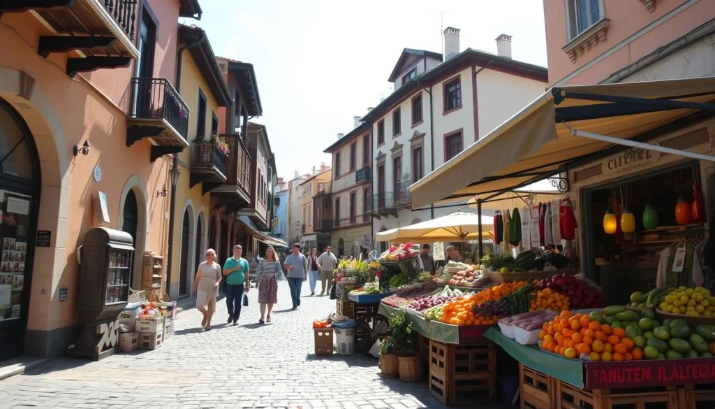 A quaint Bulgarian street scene, sun-dappled and bustling with activity. In the foreground, a local market stall overflows with vibrant produce, its colorful wares spilling out onto the cobblestones. Further back, a cluster of charming buildings, their facades adorned with intricate architectural details, create a sense of timeless character. The mood is one of relaxed contentment, with pedestrians strolling leisurely, taking in the sights and sounds of this budget-friendly, yet captivating, Eastern European locale.