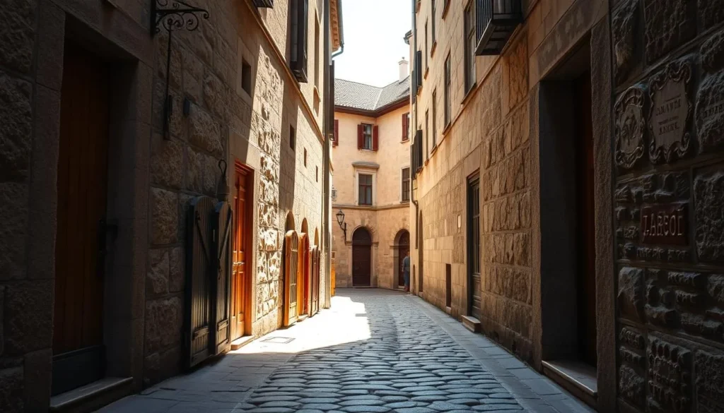 A quaint alleyway in the historic city of Győr, Hungary, where tiny wooden doors line the narrow Lépcső köz, casting intriguing shadows on the cobblestone ground. Sunlight filters through the surrounding buildings, creating a warm, inviting atmosphere. In the foreground, the diminutive doors, some adorned with intricate carvings, beckon the viewer to imagine the stories they might hold. The middle ground features the textured stone walls, their weathered surfaces hinting at the passage of time. In the background, a glimpse of the neighboring architecture adds to the charming, timeless feel of this hidden gem. Capture the essence of this secret spot, where the tiny doors and the city's history converge to create a captivating scene. A quaint alleyway in the historic city of Győr, Hungary, where tiny wooden doors line the narrow Lépcső köz, casting intriguing shadows on the cobblestone ground. Sunlight filters through the surrounding buildings, creating a warm, inviting atmosphere. In the foreground, the diminutive doors, some adorned with intricate carvings, beckon the viewer to imagine the stories they might hold. The middle ground features the textured stone walls, their weathered surfaces hinting at the passage of time. In the background, a glimpse of the neighboring architecture adds to the charming, timeless feel of this hidden gem. Capture the essence of this secret spot, where the tiny doors and the city's history converge to create a captivating scene.