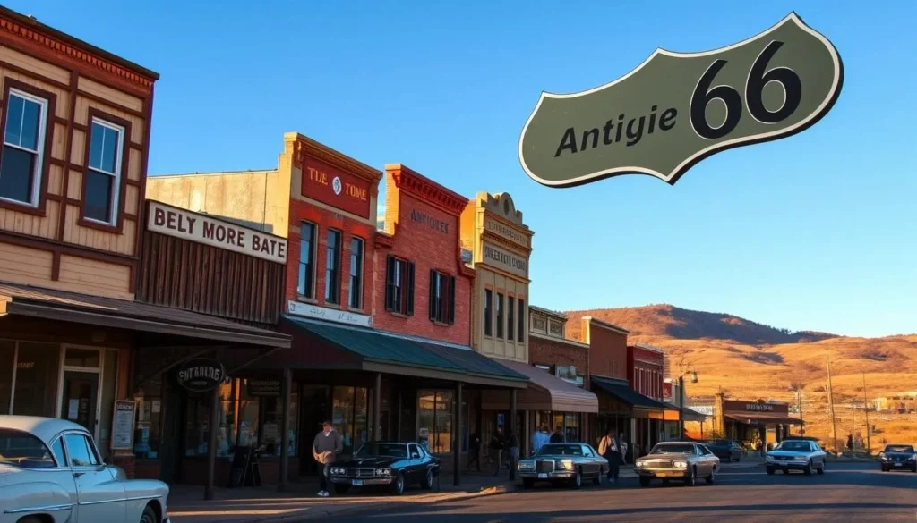 A quaint small town nestled along Missouri's iconic Route 66, featuring historic buildings with weathered facades, charming storefronts, and vintage cars lining the main street. The scene is bathed in warm, golden afternoon light, casting long shadows and creating a nostalgic, timeless atmosphere. In the middle ground, pedestrians stroll past antique shops and diners, while in the background, rolling hills and blue skies complete the picturesque rural landscape. The image captures the essence of the historic towns that dot the legendary Route 66, evoking a sense of bygone eras and the enduring allure of this iconic American highway.