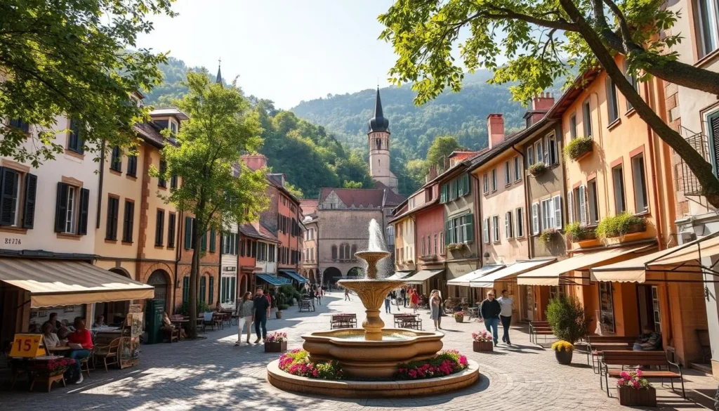 A quaint town nestled in a picturesque valley, with rows of charming two-story buildings lining the cobblestone streets. Warm sunlight filters through the leafy trees, casting soft shadows on the colorful facades. Locals stroll leisurely, stopping to chat at the small market stalls or to admire the historic church spire in the distance. In the town square, a ornate fountain bubbles, surrounded by blooming flower beds and benches where people relax and soak in the tranquil atmosphere. Narrow alleys lead to hidden courtyards, where the aroma of freshly baked bread and simmering stews waft from cozy family-owned cafes. The overall scene conveys a sense of timeless, unhurried small-town life, perfect for a relaxing visit.