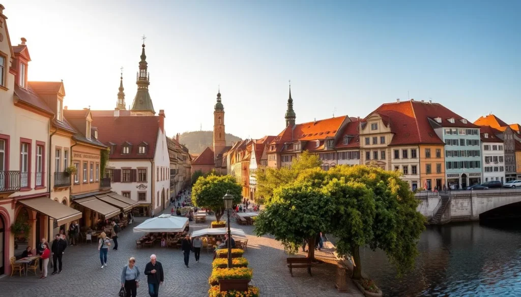 A quaint town square in central Europe, bathed in warm, golden sunlight. Cobblestone streets wind through charming, pastel-colored buildings with terracotta roofs. Ornate church spires and historic architecture dot the skyline. In the foreground, locals and tourists mingle, enjoying outdoor cafes and browsing antique shops. A lush, tree-lined promenade leads to a tranquil river, its waters reflecting the vibrant scene. The atmosphere is one of relaxed, timeless elegance - the perfect setting for a leisurely day trip in the heart of central Europe. A quaint town square in central Europe, bathed in warm, golden sunlight. Cobblestone streets wind through charming, pastel-colored buildings with terracotta roofs. Ornate church spires and historic architecture dot the skyline. In the foreground, locals and tourists mingle, enjoying outdoor cafes and browsing antique shops. A lush, tree-lined promenade leads to a tranquil river, its waters reflecting the vibrant scene. The atmosphere is one of relaxed, timeless elegance - the perfect setting for a leisurely day trip in the heart of central Europe.