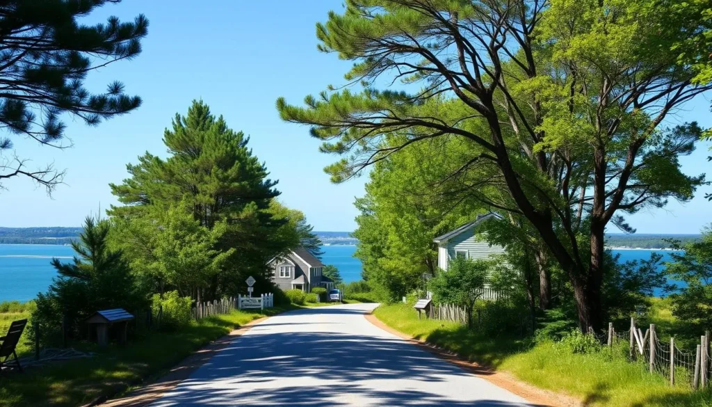 A quiet road on Islesboro Island with traditional New England homes and coastal scenery