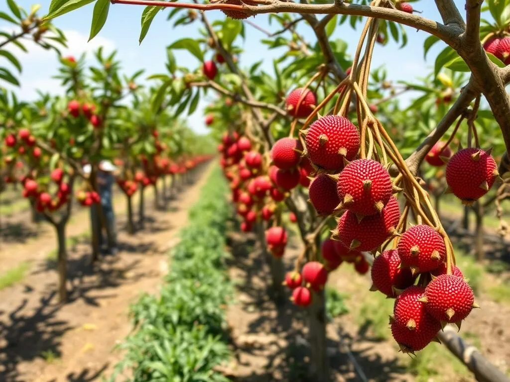 A rambutan plantation in Binjai, Indonesia, showing trees full of the famous red fruit