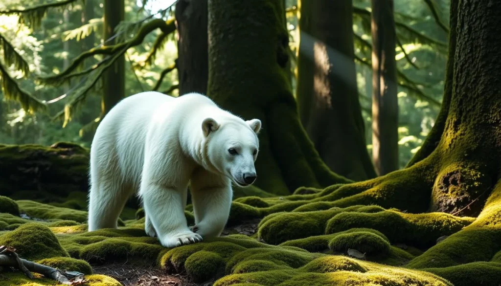 A rare white Spirit Bear (Kermode bear) walking along a mossy forest floor in the Great Bear Rainforest