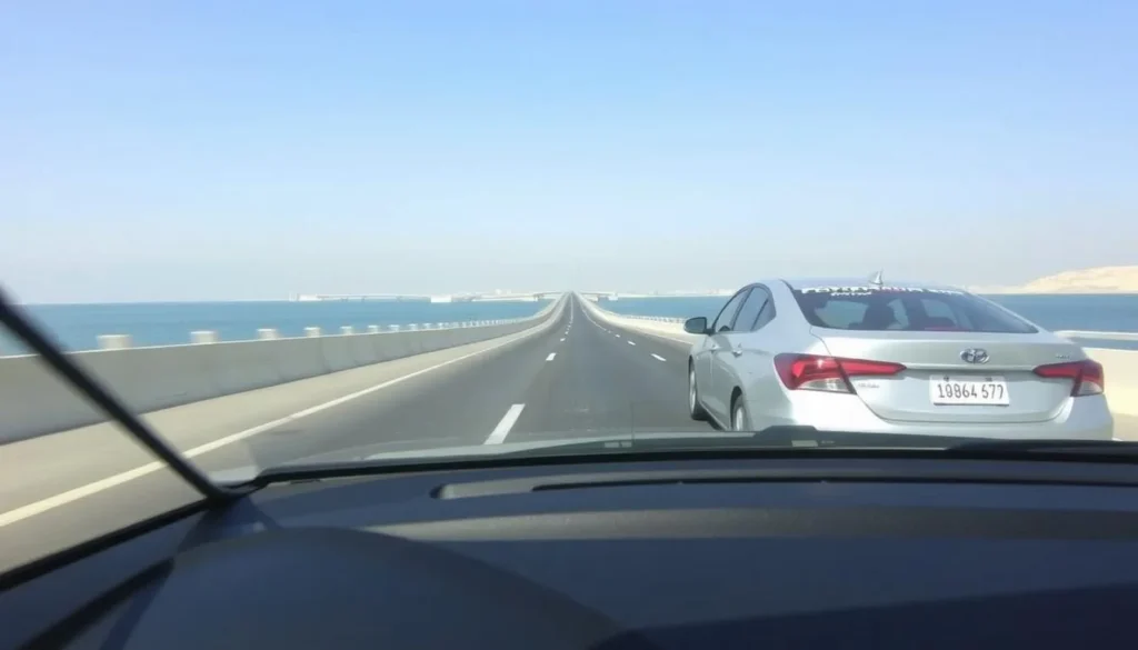 A rental car driving along the Sitra Causeway with water views on both sides on a sunny day