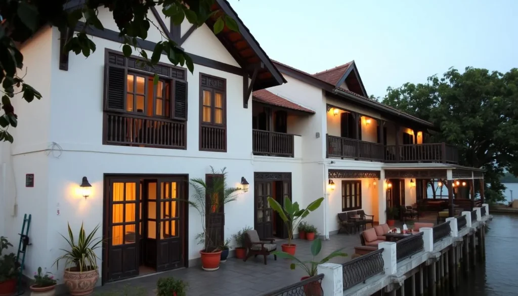 A riverside guesthouse in Thakhek with traditional Lao architecture and views of the Mekong