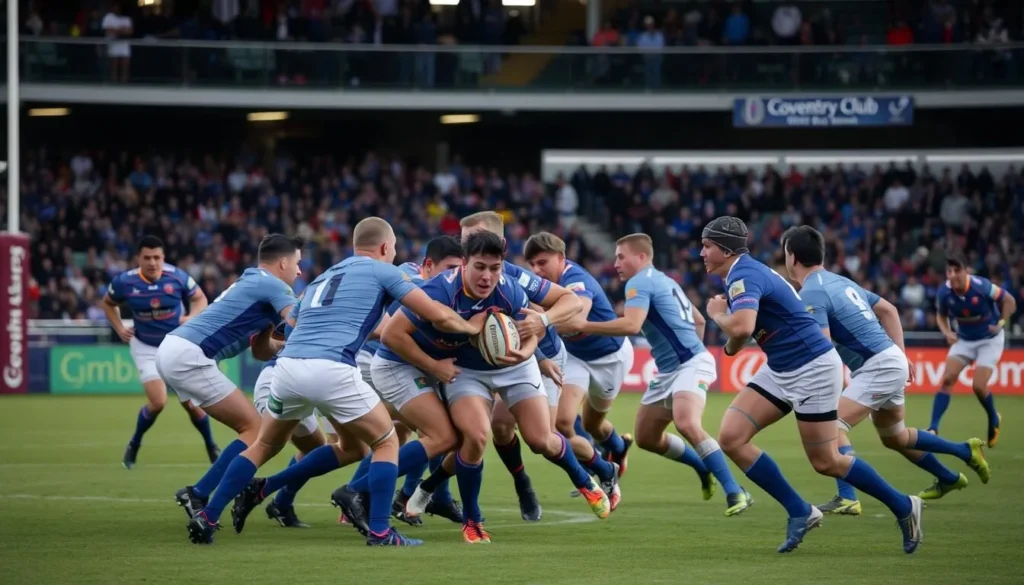 A rugby match at Coventry Rugby Club with players in action