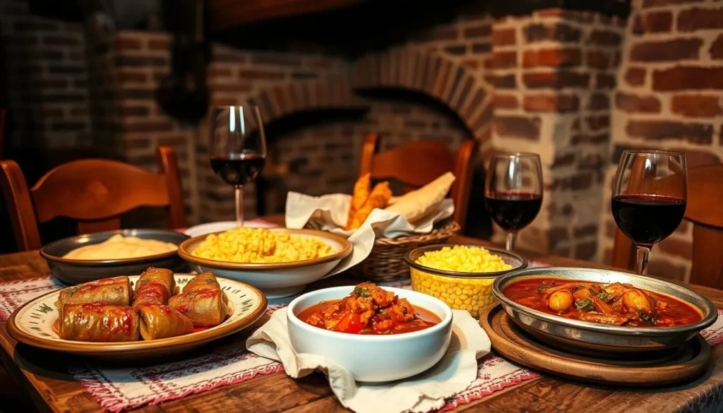 A rustic table set with traditional Romanian dishes - sarmale (cabbage rolls), mămăligă (polenta), and a rich stew, accompanied by a glass of red wine. Warm lighting casts a cozy glow over the scene, set against a backdrop of exposed brick walls and wooden beams. The arrangement exudes an authentic, homely atmosphere, inviting the viewer to savor the flavors and ambiance of a genuine Romanian culinary experience.