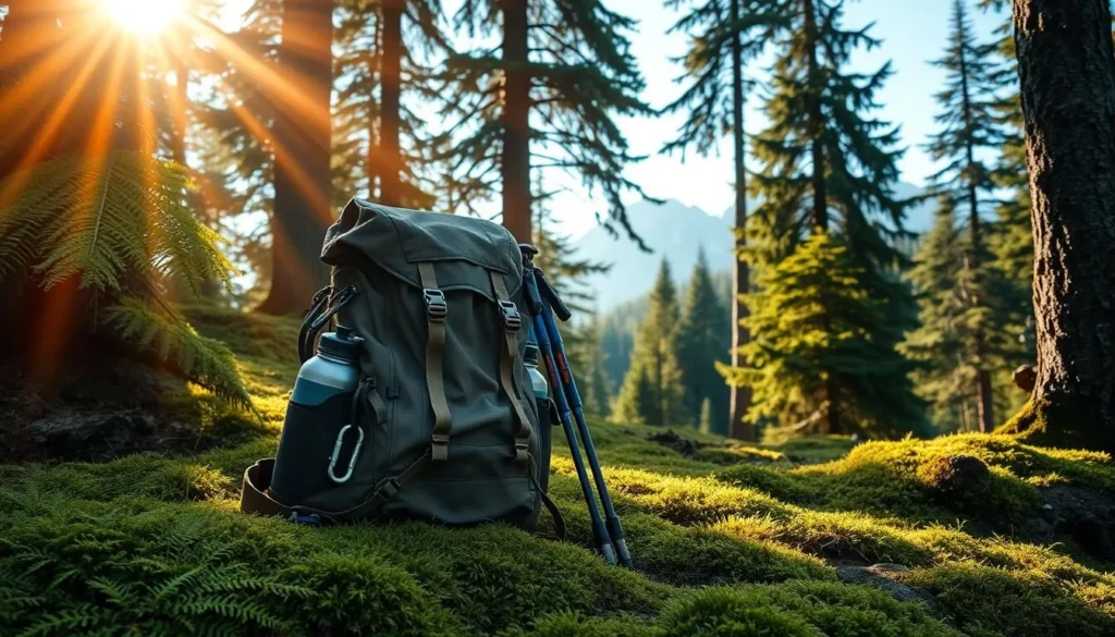 A rustic, well-equipped hiking backpack sits on a lush, mossy forest floor, surrounded by verdant ferns and towering evergreen trees. The pack is adorned with carabiners, water bottles, and hiking poles, ready for a challenging trek through the Retezat mountains. Shafts of warm, golden light filter through the canopy, casting a cozy, adventurous atmosphere. In the background, a glimpse of snow-capped peaks can be seen, hinting at the rugged terrain to be explored. The scene exudes a sense of anticipation and preparedness for an immersive, nature-filled experience.