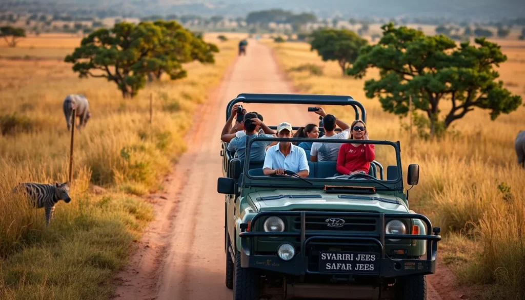 A safari jeep driving on a dirt road in Minneriya National Park with tourists observing wildlife A safari jeep driving on a dirt road in Minneriya National Park with tourists observing wildlife