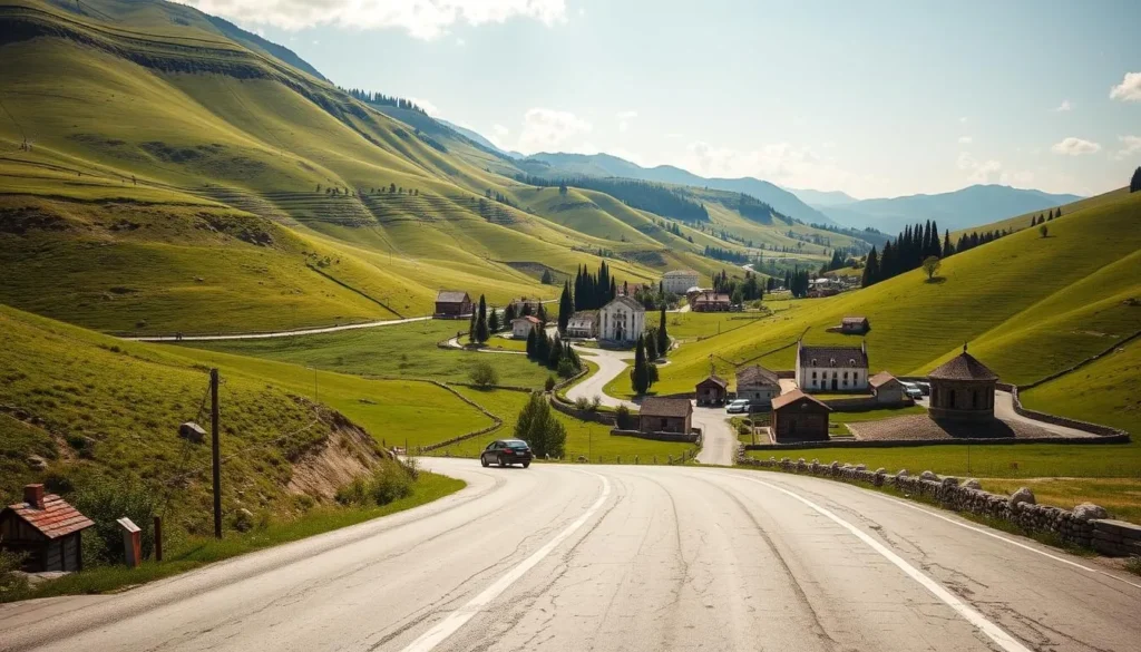 A scenic 4-day road trip through the picturesque Bulgarian countryside. Capture the rolling green hills, winding roads, and quaint villages along the way. Include a mix of rural landscapes, historic landmarks, and local culture. Depict a sunny day with warm natural lighting, creating a sense of adventure and exploration. Use a wide-angle lens to showcase the expansive vistas, and consider including a car or travelers in the foreground to establish the road trip theme. Convey a mood of tranquility, discovery, and appreciation for the natural beauty of the region.