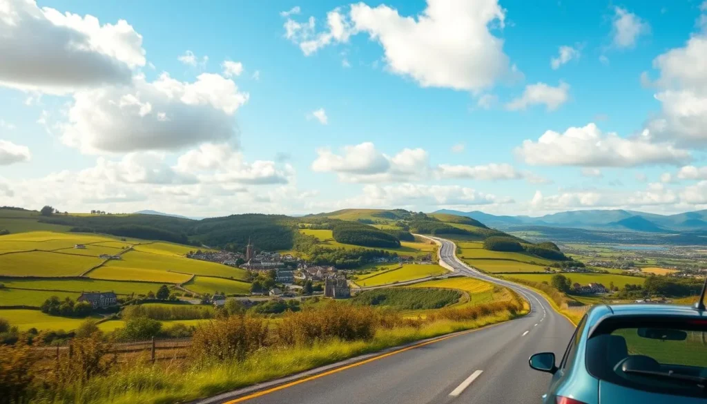 A scenic country road winding through rolling green hills, with the iconic M4 motorway snaking into the distance. A blue sky peppered with fluffy white clouds overhead, bathing the scene in warm, golden sunlight. In the foreground, a well-maintained car travels along the tarmac, signaling the start of an adventure. The middle ground features picturesque villages, historic landmarks, and verdant forests, hinting at the sights and attractions awaiting the traveler. The background showcases dramatic landscapes, rugged coastlines, and the silhouettes of distant mountains, setting the stage for an unforgettable M4 motorway journey.