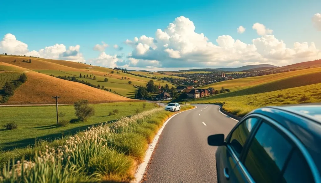 A scenic countryside road winding through rolling hills, with a small town nestled in the distance. The foreground features a well-maintained vehicle, such as a modern sedan or SUV, parked on the side of the road, conveying the idea of an easy and comfortable journey. The middle ground showcases a picturesque landscape with lush green meadows, scattered trees, and a clear blue sky with fluffy white clouds. The background features the town's historic architecture, including a church steeple or other distinctive landmarks, hinting at the destination. The lighting is warm and natural, creating a welcoming and inviting atmosphere. The overall composition suggests a smooth, effortless way to reach the charming town of Buzău.
