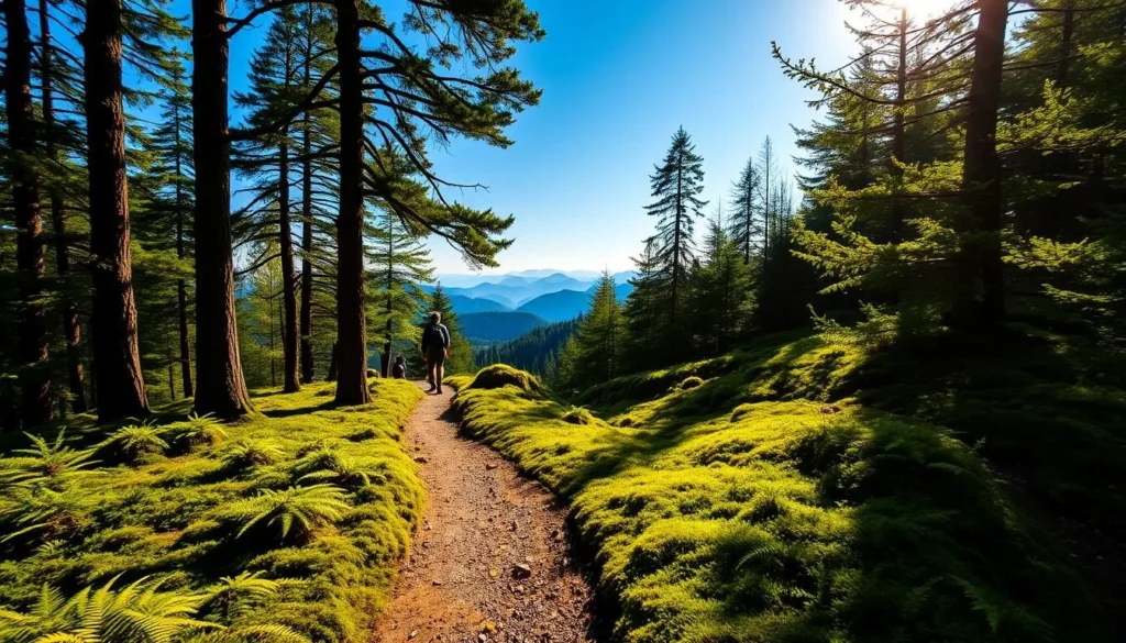 A scenic hiking trail winding through a lush, verdant beech forest, with sunlight filtering through the canopy and casting a warm, golden glow over the mossy undergrowth. In the foreground, a well-defined path leads hikers along the undulating terrain, flanked by towering trees and ferns. In the middle ground, the trail climbs gently, offering glimpses of distant ridges and peaks silhouetted against a clear, azure sky. The atmosphere is serene and peaceful, inviting the viewer to embark on an immersive nature walk through this captivating Carpathian landscape.