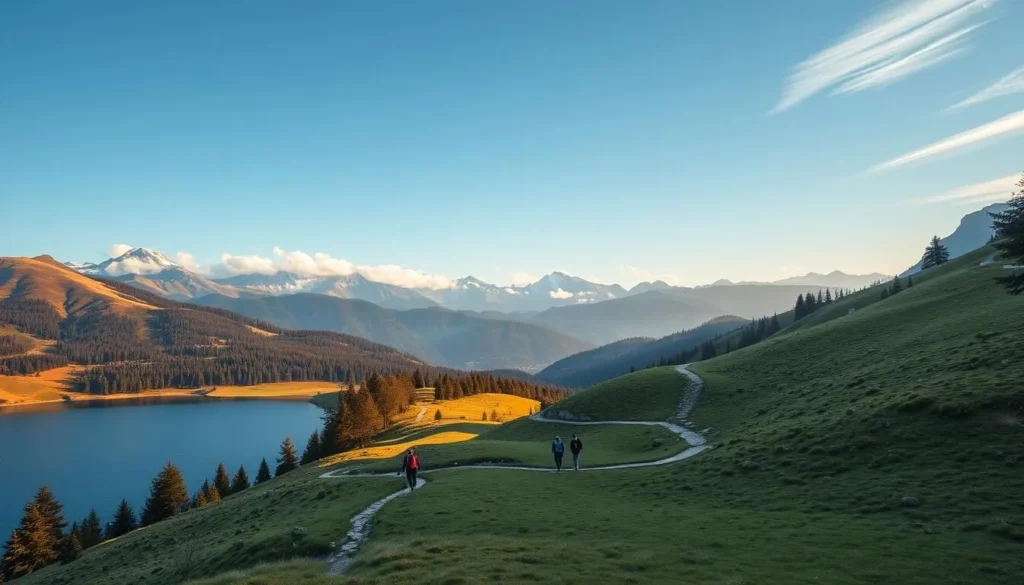 A scenic hiking trail winding through the lush, rolling hills of Rila National Park in Bulgaria. The foreground features a tranquil lake, its calm waters reflecting the surrounding evergreen forests and snow-capped peaks in the distance. The mid-ground showcases hikers navigating the well-maintained trail, taking in the breathtaking panoramic vistas. Warm, natural lighting illuminates the scene, creating a serene and inviting atmosphere. The background is dominated by majestic mountains, their rugged silhouettes kissed by wispy clouds. This image captures the essence of the best time to visit Rila - a season of mild weather and fewer crowds, allowing visitors to fully immerse themselves in the park's natural beauty.