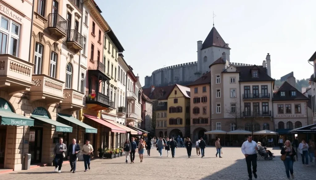 A scenic image of a charming town square in Veszprem, Hungary, with a row of traditional European-style hotels lining the streets. The buildings have ornate facades, colorful accents, and balconies overlooking the bustling town center. People stroll along the cobblestone paths, admiring the historical architecture and enjoying the warm, sunny day. The scene is bathed in a soft, golden light, creating a cozy and inviting atmosphere. In the background, the iconic Veszprem Castle stands tall, overlooking the picturesque town below.