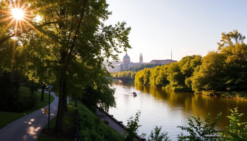 A scenic landscape along the Danube River in Dunaújváros, Hungary. Lush green trees and foliage line the banks, reflecting in the calm, glistening waters. Warm sunlight filters through the leaves, casting a golden glow over the tranquil scene. In the foreground, a paved path winds along the riverfront, inviting leisurely strolls and bike rides. In the middle ground, a small boat or kayak drifts peacefully downstream. In the background, the city skyline rises gently, with modern architecture and historic landmarks blending harmoniously. The overall atmosphere exudes a sense of serene relaxation, perfect for outdoor recreation and enjoying the natural beauty of the Danube. A scenic landscape along the Danube River in Dunaújváros, Hungary. Lush green trees and foliage line the banks, reflecting in the calm, glistening waters. Warm sunlight filters through the leaves, casting a golden glow over the tranquil scene. In the foreground, a paved path winds along the riverfront, inviting leisurely strolls and bike rides. In the middle ground, a small boat or kayak drifts peacefully downstream. In the background, the city skyline rises gently, with modern architecture and historic landmarks blending harmoniously. The overall atmosphere exudes a sense of serene relaxation, perfect for outdoor recreation and enjoying the natural beauty of the Danube.