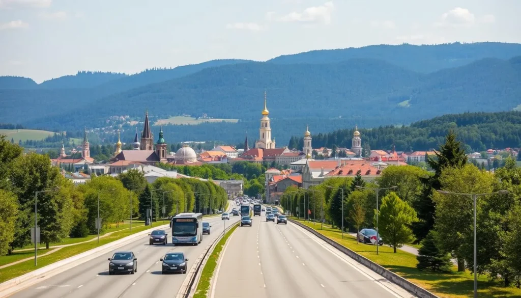 A scenic landscape depicting the city of Dobrich, Bulgaria on a bright and sunny day. In the foreground, a well-maintained road with cars and buses transporting people, leading into the heart of the city. The middle ground features the iconic architecture of Dobrich, with colorful buildings, spires, and domes characteristic of the region. In the background, rolling hills and verdant forests frame the urban landscape, creating a picturesque setting. The lighting is warm and natural, casting a golden glow across the scene. The camera angle is slightly elevated, offering a panoramic view that conveys the accessibility and inviting atmosphere of Dobrich as a travel destination.